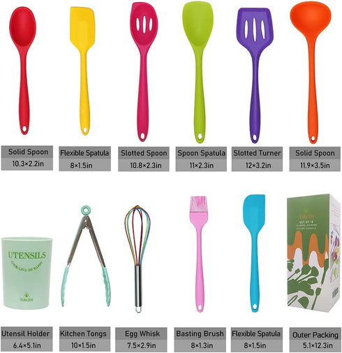 TIBLEN 18 pcs Silicone Kitchen Cooking Utensil Set, Non-stick Heat Resistant Cookware, BPA Free Non-Toxic Tools,Turner Tongs Ladle Spoon Whisk, Dishwasher Safe -Colorful