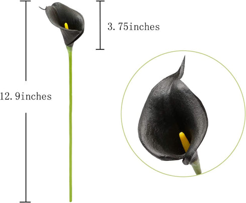 20Pcs Calla Lily Fake Black Flowers Wedding Bouquet Artificial Real Touch Latex Flowers Home Wedding Party Decor (Black)