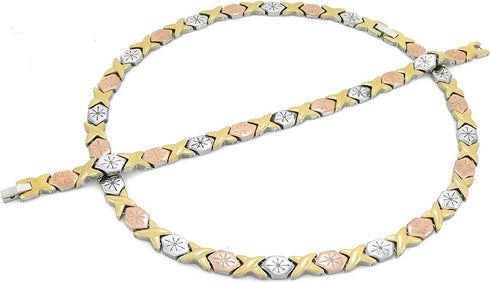 Womens 3 Tone XOXO Hugs & Kisses Necklace and Bracelet Set Starburst 18" LENGTH
