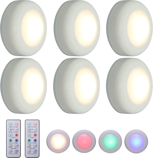 DRIMLITE Puck Lights with Remote 6 Pack, Battery Operated Mini LED Stick On Lights Wireless, Dimmable Under Cabinet Lighting with Timing Function, Color Changeable Closet Lighting for Kitchen Bedroom