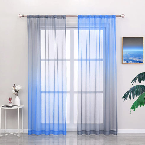 Autumn Dream Linen Ombre Sheer Curtains Voile Rod Pocket Blue and Grey Gardient Semi Sheer Curtains for Bedroom Living Room Nursery, 52by84 inch (2 Panels)