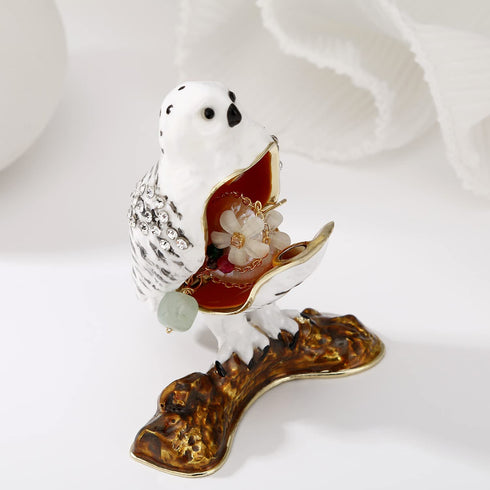 Hand Painted Enamel Bird Trinket Box, Hinged Jewelry Organizer with Crystals, Ring Earrings Storage, Unique Home Decor Figurine Keepsake Collectible, Personalized Elegant Handmade Ornament (Snowy Owl)