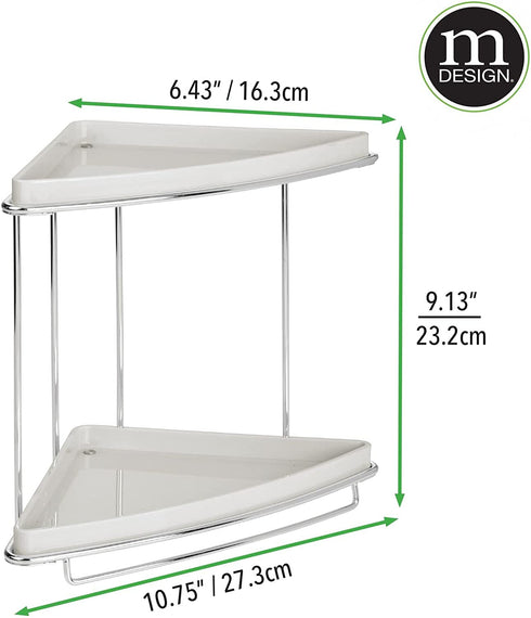 mDesign Metal 2-Tier Corner Storage Organizing Caddy Stand for Bathroom Vanity Countertops, Shelving or Under Sink - Free Standing, 2 Plastic Shelves - Light Gray/Chrome