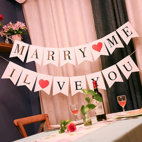 Proposal Decorations for her, I Love You Banner, Merry Me Banner,Valentines Day Decor, 2 Glitter Red Heart Garland, Red Heart Foil Balloon, Confetti Balloons