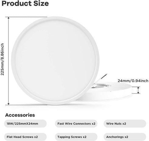 Ocioc LED Flush Mount Ceiling Light, 8.9inch 18W 5000K, Slim Round Surface Mount Lighting Fixture for Bedroom, Utility Room, Hallway, Stairwells, Closets White ETL Lsted