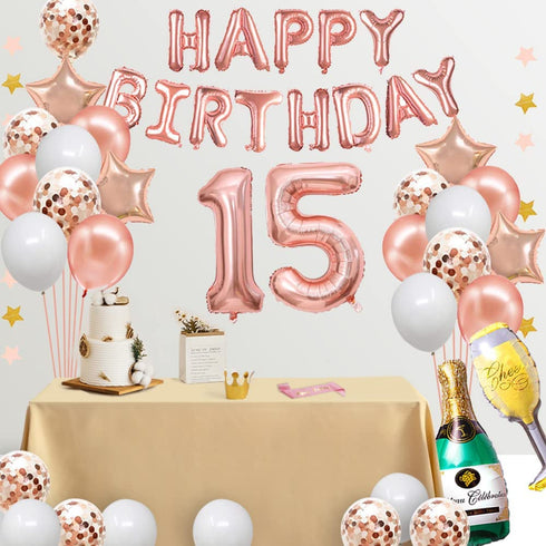 Fancypartyshop 15th Birthday Decorations - Rose Gold Happy Birthday Banner and Sash with Number 15 Balloons Latex Confetti balloons Ideal for Girl 15 Years Old Birthday Rose Gold