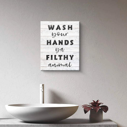 Funny Bathroom Wall Decor, Wash Your Hands Ya Filthy Animal - Farmhouse Restroom Washroom Decor, Wrapped Canvas Print Artwork (12x15 inch,White)