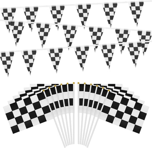 OOTSR 32ft Checkered Black and White Pennant Banner Racing Flags, and 30pcs Checkered Flags with Plastic Stick (8x5.5 Inch)