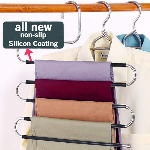 Myfolrena Pants Hangers Non Slip Updated S-Shaped 5 Layers Hangers Closet Space Saver for Jeans Scarf Tie Clothes(4-Pack)