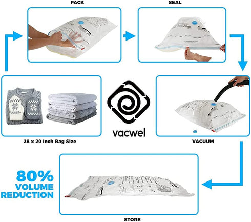 Vacwel Small Space Saver Vacuum Storage Bags for Clothes Storage. Vacuum Seal Bags for Clothing Storage, Linen Packing & Travel. Hand Pump + 8x Clothes Vacuum Storage Bags 28 x 20? (Small 8-Pack)