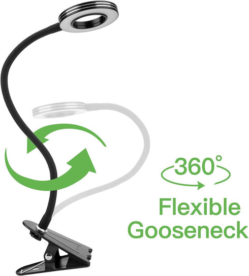 CeSunlight Clip Light, 8W Clamp Bed/Desk Lamp, Webcam Light Video Conferencing, Warm & Daylight & White Light 3 Colors, Eye-Care 10 Dimmable Illumination Modes (Black)