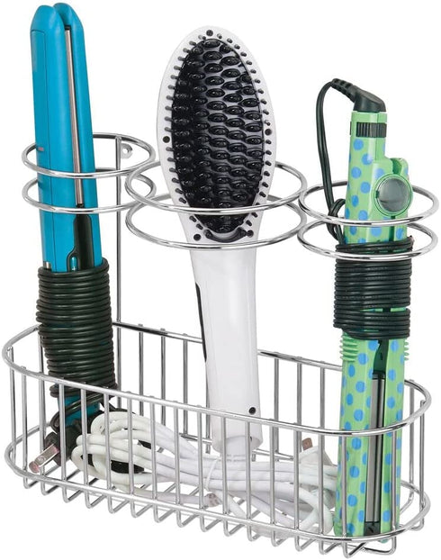 mDesign Bathroom Wall Mount Hair Care & Styling Tool Organizer Storage Basket for Hair Dryer, Flat Iron, Curling Wand, Hair Straighteners, Brushes - Durable Steel Wire in Chrome Finish