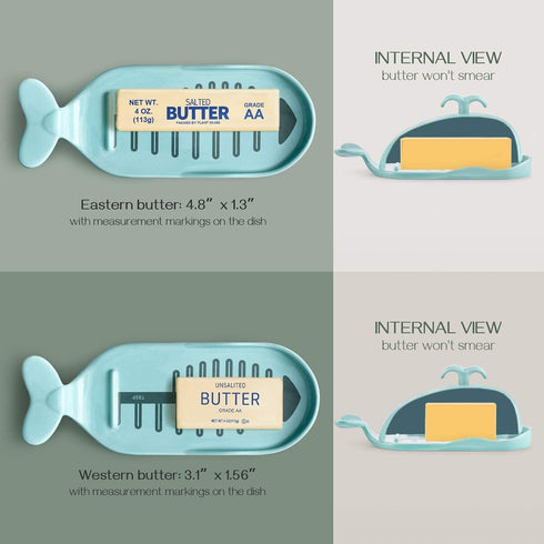 DOWAN Whale Butter Dish, Cute Butter Dish, Funny Gifts for Mom Wife Friends, Fish Bone Cutting Measuring Lines and Tail Non-slip Design, Ideal Decor Gift for Birthday Wedding Housewarming, Turquoise