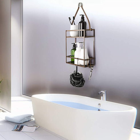 Minggoo Shower Caddy Organizer, Mounting Over Shower Head Or Door, Extra Wide Space for Shampoo, Conditioner, and Soap with Hooks for Razors and More,10.5" x 4.5" x 22.4", Bronze