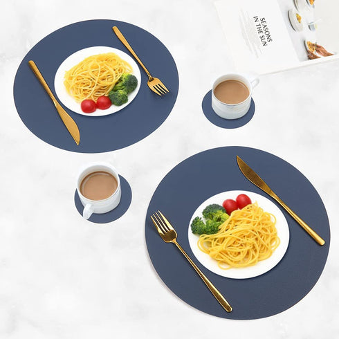 Placemats Faux Leather Round Table Mats Set of 4 with Coasters, Heat-Resistant Waterproof Non-Slip Washable Mats for Kitchen Dinning Table, PU Table Mats (Blue+Gray)