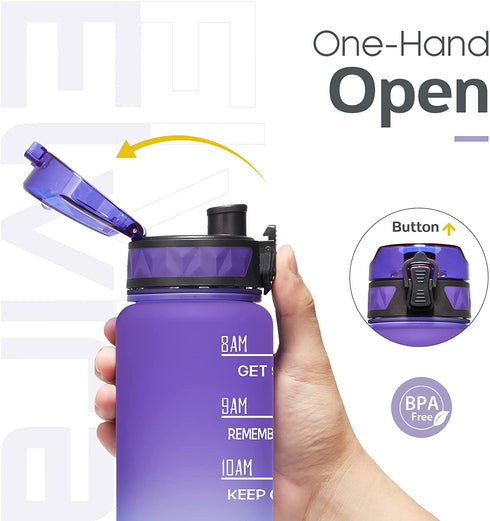 Elvira 32oz Motivational Fitness Sports Water Bottle with Time Marker & Removable Strainer,Fast Flow,Flip Top Leakproof Durable BPA Free Non-Toxic