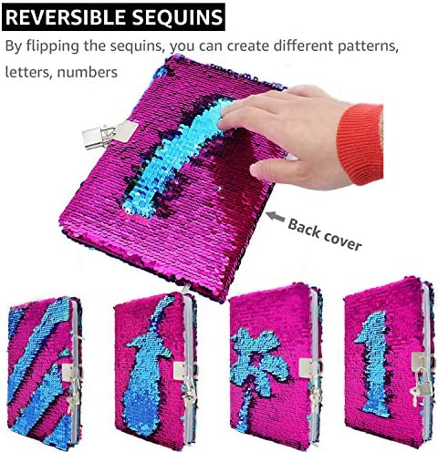 VIPbuy Magic Reversible Sequin Notebook Diary Lined Travel Journal with Lock and Key for Kids Girls, Size A5 (8.5” x 5.5”), 78 Sheets, Panda (Rose Red to Blue)