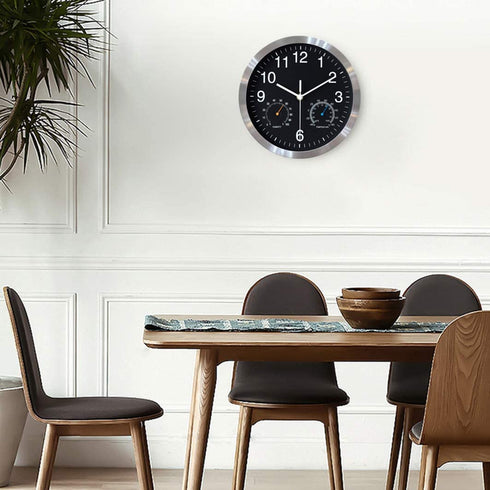 Fzy.bstim Non Ticking Silent Wall Clocks Battery Operated,10 Inch Quality Quartz Analog Wall Clock with Thermometer and Hygrometer,Decorative for Kitchen,Living Room,Bathroom,Office,Garage(Black)
