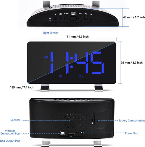 Extra Loud Alarm Clock with Bed Shaker,7.4 Inch Digital Clocks Large Display,with Night Light,USB Charger Port,Adjustable Volume/Dimmer,for Heavy Sleepers Hearing Impaired Deaf Teens Bedroom