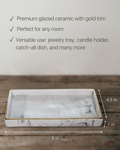 Ceramic Vanity Tray, Candle Tray with White Marble Finish | Jewelry Tray, Jewelry Dish | Marble Tray Decor, Perfume Tray for Dresser | Decorative Tray, Bathroom Tray | Key Tray, Small Tray