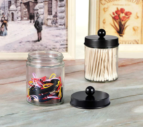 4 Pack Apothecary Jars Bathroom Vanity Storage Organizer Set -Countertop Canister with Stainless Steel Lids &Cute Stickers - Qtip Dispenser Holder for Qtips,Cotton Swabs,Makeup Sponges(Black)