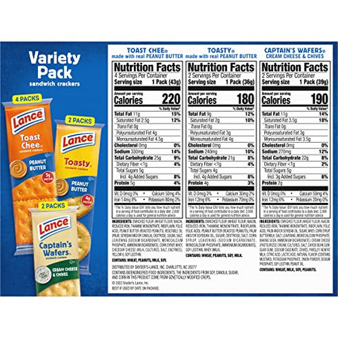 Lance Sandwich Crackers, Variety Pack, 3 Flavors, 8 Individually Wrapped Packs, 6 Sandwiches Each