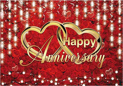 Funnytree 82" X 59" Happy Wedding Anniversary Party Backdrop Banner Red Gold Flowers Roses Photo Booth Banner Supplies Photography Background Indoor Outdoor Decorations