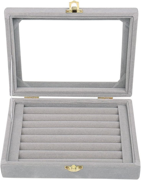 Velvet Glass Jewelry Ring Display Stand Storage Box Ring Earrings Jewelry Box Ring Holder Case (Grey)