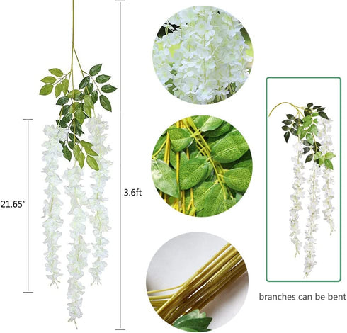 Lmeiosn 12 Pack Artificial Fake Wisteria Vine, 3.6 Feet Wisteria Hanging Garland Flowers, Silk Garland Flowers Ratta Long Bush Flowers String for Wedding Party Garden Greenery Home Wall Decor, White