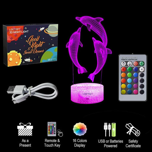LEKTIST Dolphin 3D Night Light for Kids 16 Color Changing 3D Illusion Lamp with Remote, Dolphin 3D lamp Dolphin Lamp for Bedroom Dolphin Gifts Xmas Birthday Gift for Girls Boys Children (Dolphin)