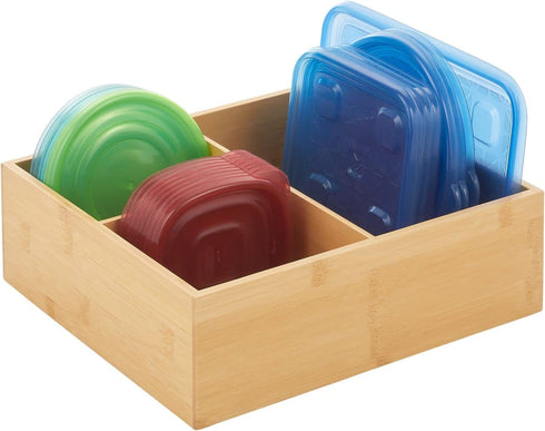 mDesign Bamboo Wood Kitchen Storage Bin Organizer for Food Container Lids and Covers - Use in Cabinets, Pantries, Cupboards - Large Divided Organizer with 3 Sections - 12" Long - Natural