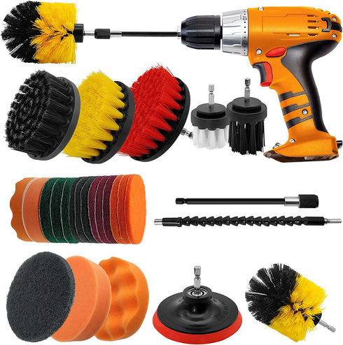 23 Pieces Drill Brush Attachment Set for Cleaning - Power Scrubber Brush Pad Sponge Kit with Extend Attachment for Bathroom, Carpet, Car, Grout, Carpet, Floor, Tub, Shower, Tile, Corners, Kitchen