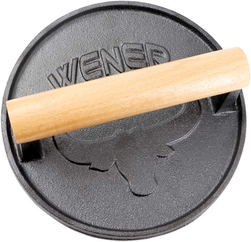 Wener Bacon Press 6.88-Inch Round,Heavy-Duty Cast Iron Grill Press/Meat Press/Steak Grill Weight/Burger Smasher/Burger Press With Wood Handle (A)