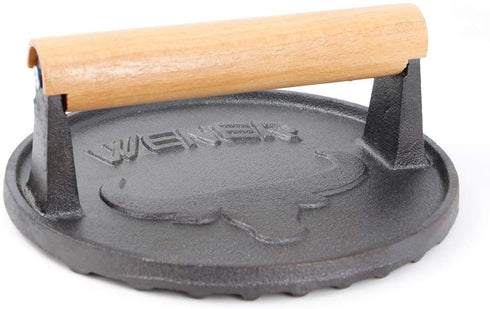 Wener Bacon Press 6.88-Inch Round,Heavy-Duty Cast Iron Grill Press/Meat Press/Steak Grill Weight/Burger Smasher/Burger Press With Wood Handle (A)