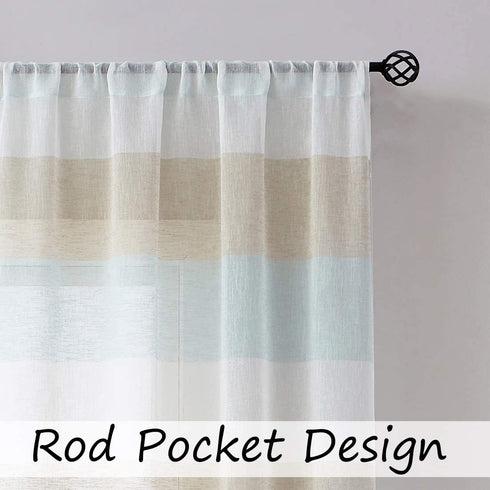 Central Park Tan and Spa Blue Stripe Sheer Color Block Window Curtain Panel Linen Window Treatment for Bedroom Living Room Farmhouse 95 inches Long Rod Pocket, 2 Panel Rustic Drapes, 40"x95"x2
