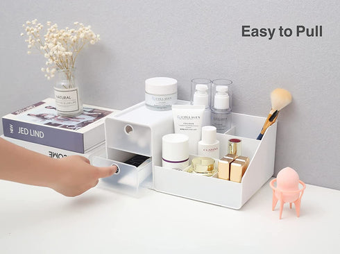 Clear Makeup Organizer for Vanity, Desk Cosmetics Organizer with Drawers for Lipsticks, Lotions, Jewelry, Nail Care, Skincare, Ideal for Dresser, Bedroom and Bathroom Countertops-White