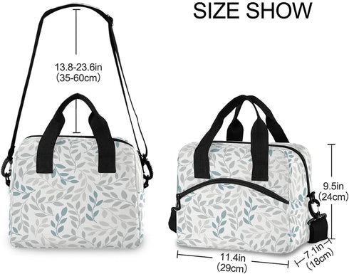 Grey Blue Leaves Lunch Bag with Shoulder Strap for Women Men Insulated Lunch Box Tote Bags Water-resistant Cooler Bag for Office Work Picnic Beach (11x7x9 Inch)