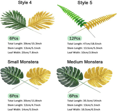 Auihiay 80 Pieces 13 Kinds Artificial Palm Leaves Golden Tropical Leaf with Stems Jungle Leaves Decorations for Hawaiian Luau Party Beach Baby Shower Wedding Birthday Decorations