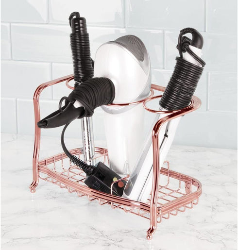 mDesign Metal Hair Care & Styling Tool Organizer Holder - 3 Sections - Bathroom Vanity Countertop Storage for Hair Dryer, Flat Irons, Curling Wands, Hair Straighteners - Rose Gold