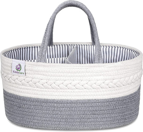 KiddyCare Baby Diaper Caddy Organizer - Stylish Rope Nursery Storage Bin 100% Cotton Canvas Portable Storage Caddy Basket for Changing Table & Car - Diaper Organizer for Baby Girl & Baby Boy (Gray Regular)