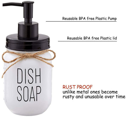 Farmhouse Glass Mason Jar Hand Soap Dispenser and Dish Soap Dispenser Set - 16 Ounce Glass Mason Jar with Plastic Pump and Lid - Rust Proof - Rustic Bathroom Accessories &Kitchen Home Decor - 2 Pack