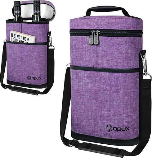 OPUX Insulated 2 Bottle Wine Tote Carrier | Padded Wine Cooler Bag for Travel Picnic BYOB | Portable Wine Bag with Shoulder Strap and Carry Handle, Wine Gifts - Purple