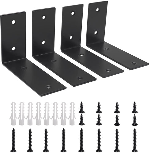 YUMORE L Brackets Heavy Duty, 5x3x1.8 Inch Stainless Steel Shelf Brackets Wall Mounted for Floating Shelves Industrial Farmhouse, Includes Hardware, Rustic Black, Pack of 4