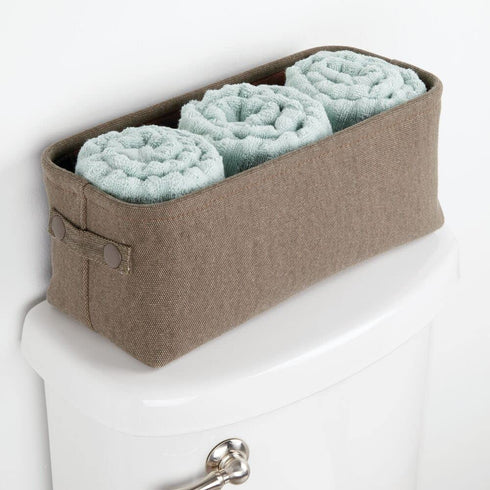 mDesign Soft Cotton Fabric Bathroom Storage with Attached Handles - Organizer for Towels, Toilet Paper Rolls - for Back of Toilet, Cabinets, and Vanities, 2 Pack - Espresso Brown