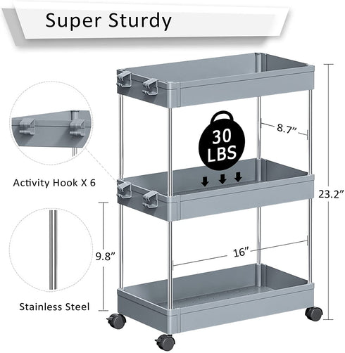 NOTHEIA Storage Cart 3-Tier, Bathroom Organization Slide Out Cart, Laundry Organization and Storage Utility Cart, Snack Cart with Wheels Thin Space Solutions, Grey