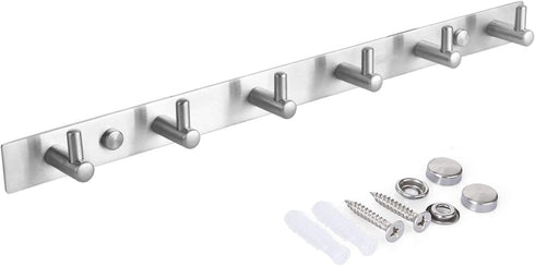 Towel Hook Rack Brushed Nickel - Sagmoc 16-Inch Coat Hook Rail Wall Mounted with 6 Heavy Duty Hooks, Durable Wall Hangers for Bedroom, Bathroom, Foyer, Hallway (304 Stainless Steel)