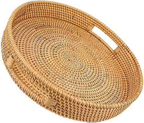 Rattan Coffee Table Handmade Round Serving Tray with Handles Woven Ottoman Trays for Coffee Table Living Room, Bed Breakfast, Tea, Fruit Bread Basket Tray, 11.8" x 2.4"