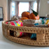 Rattan Coffee Table Handmade Round Serving Tray with Handles Woven Ottoman Trays for Coffee Table Living Room, Bed Breakfast, Tea, Fruit Bread Basket Tray, 11.8" x 2.4"