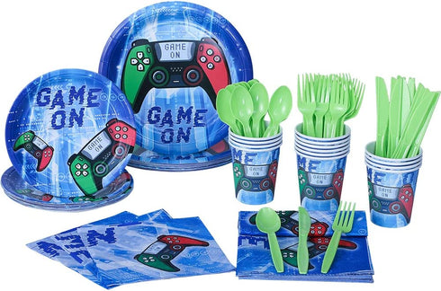 Video Game Party Tableware Set - Gaming Theme Party Supplies for Kids Includes Plates Napkins Cups Knives Forks Spoons Serves 16 Guests