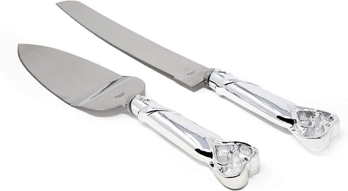 Silver Double Heart Wedding Cake Serving Set - Silver Wedding Cake Knife Set
